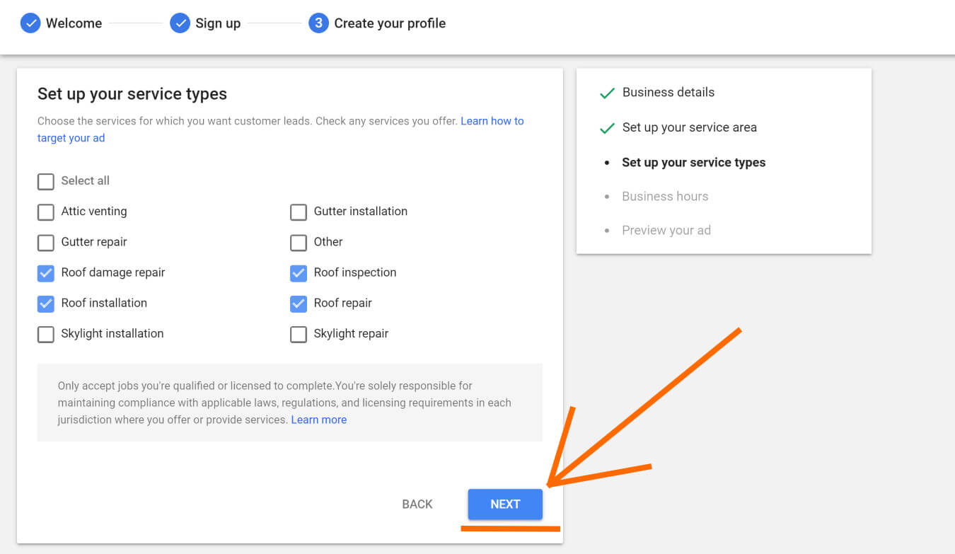 Step 7 - Select the service types you provide for Local Services by Google