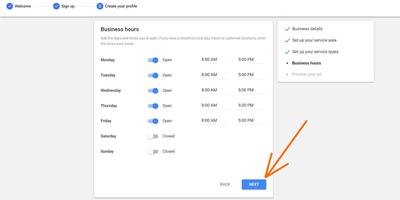 Step 8 - Add your business hours to Local Services by Google profile